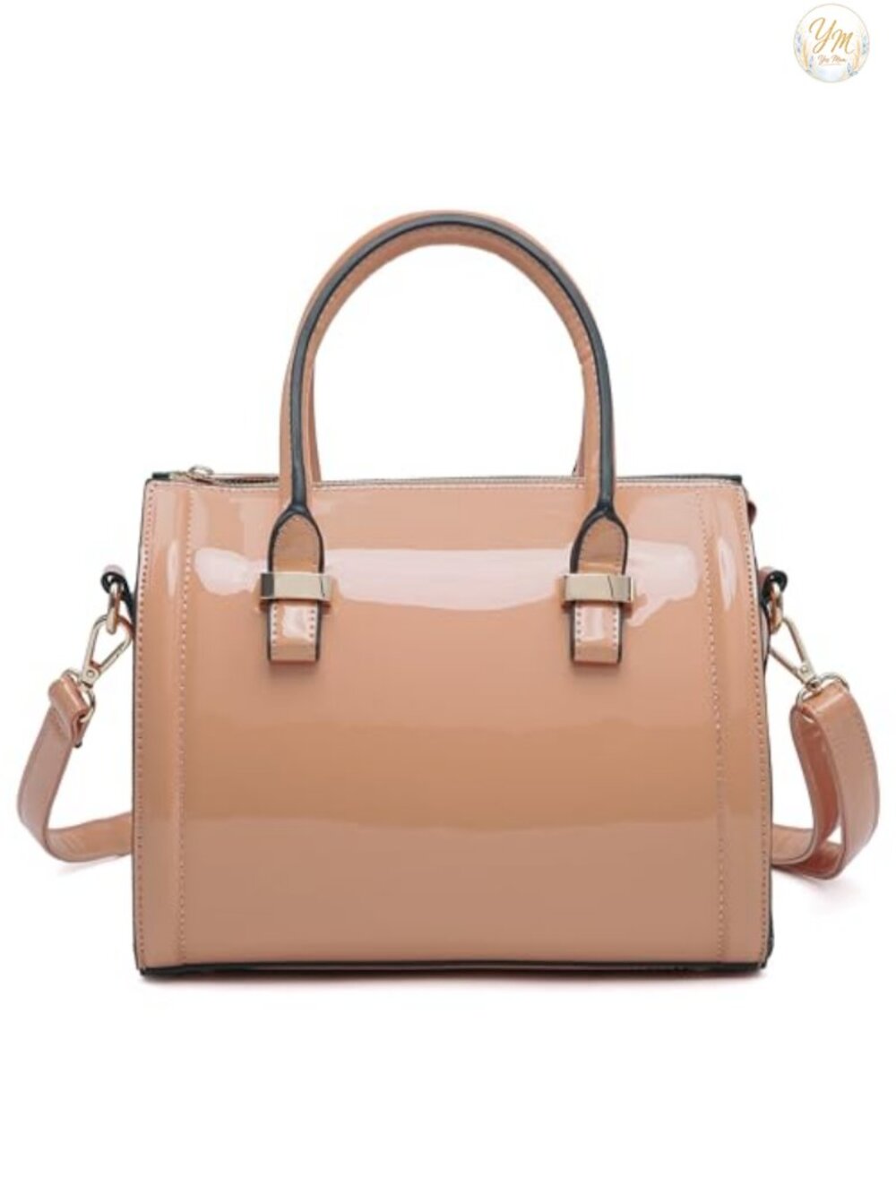 Shiny Patent Faux Leather Barrel Satchel Handbag with Top Handle and Shoulder